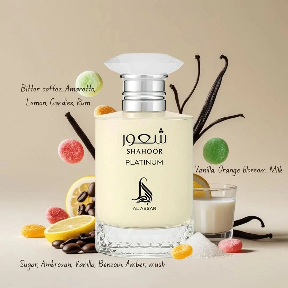 Shahoor Platinum Eau de Parfum spray by Al Absar, 100ml bottle, sleek design with elegant silver cap and clear glass showcasing the perfume.