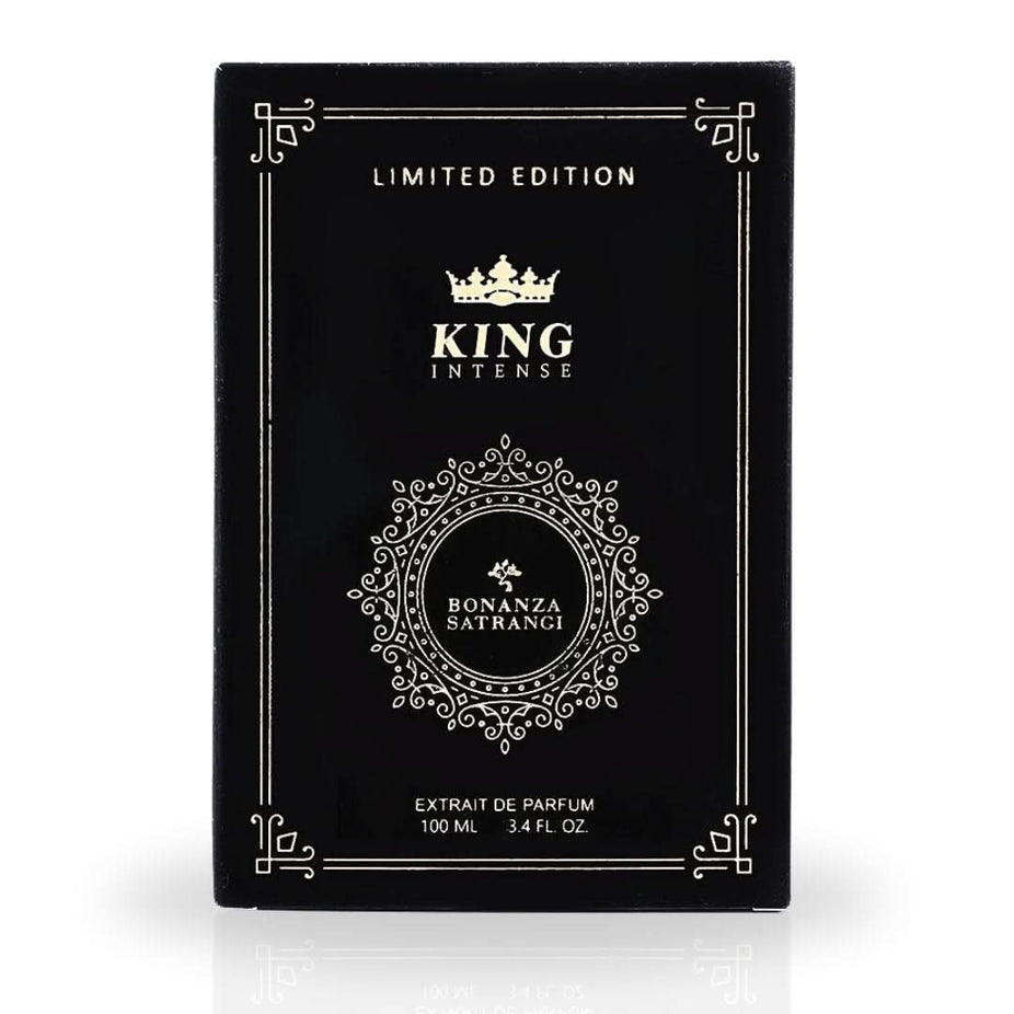 Bonanza Satrangi King Intense EDP spray 100ML with warm, refreshing vanilla fragrance in a sleek glass bottle.