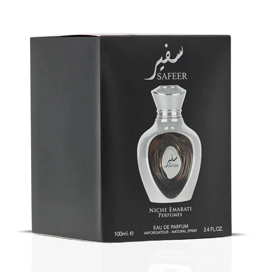 Niche Emarati Safeer Eau De Parfum spray by Lattafa, 100ml bottle with elegant design, showcasing the luxurious perfume exterior.