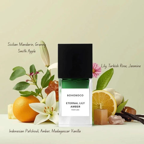 Eternal Lily Amber Eau de Parfum spray by Bohoboco, 50ml, featuring a sleek glass bottle with floral and amber fragrance notes.