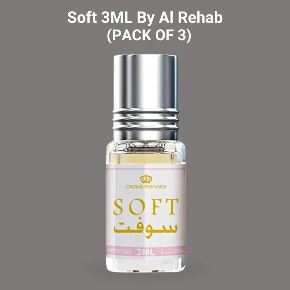 Three 3ml bottles of Al Rehab soft perfume oil in a value pack, featuring clear glass bottles with spray caps and colorful labels.