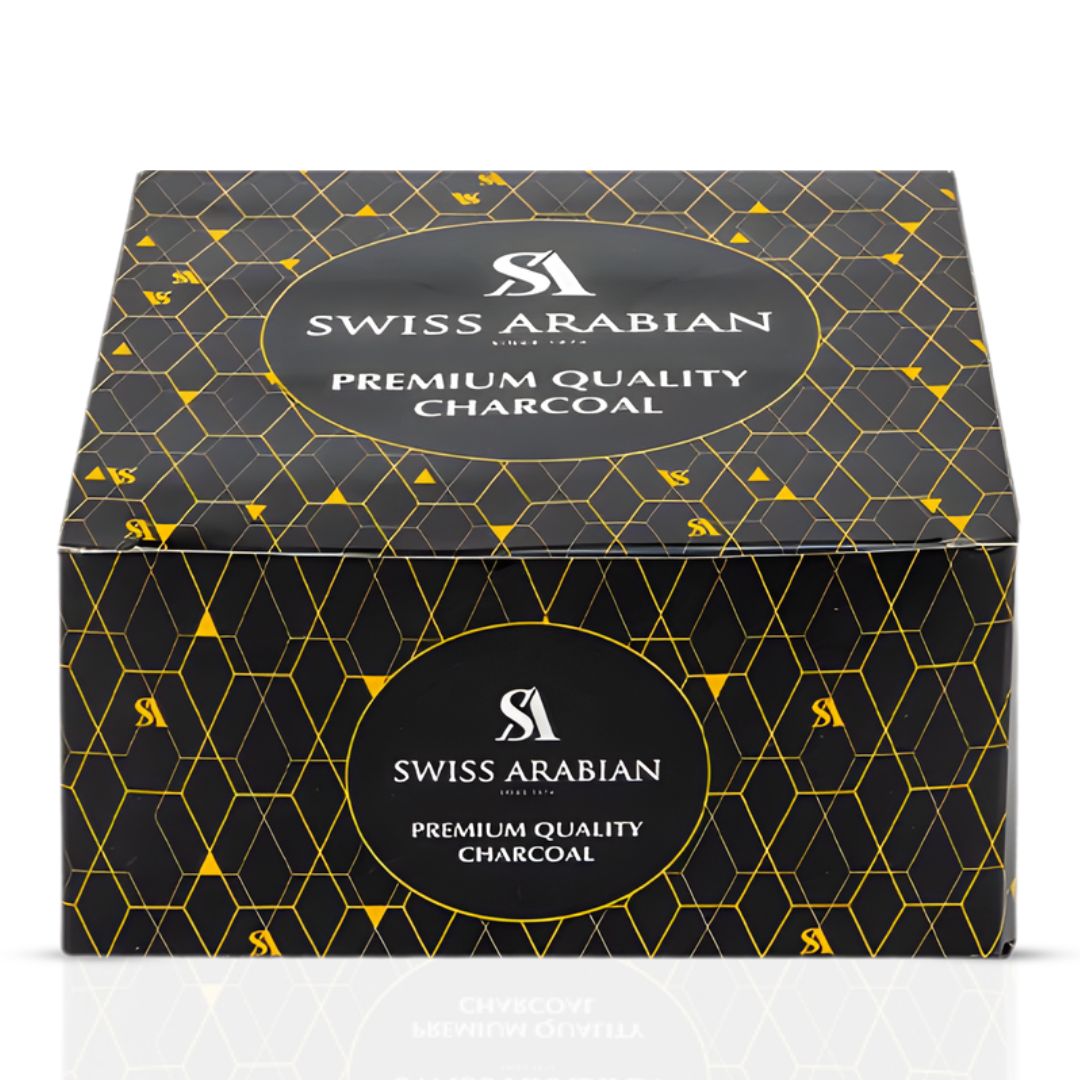 Swiss Arabian Premium Charcoal tablets, 80-count package, showing black charcoal tablets in a clear container.