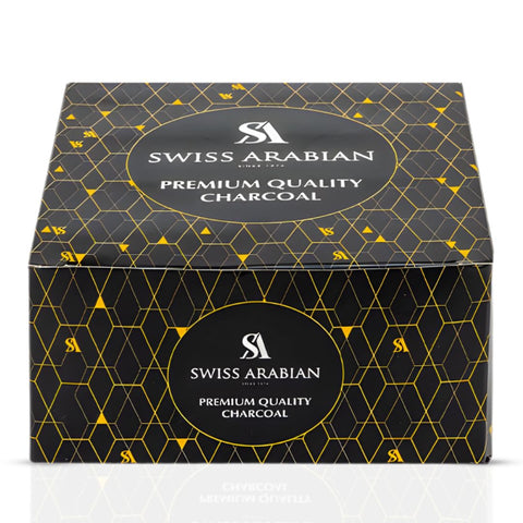 Swiss Arabian Premium Charcoal tablets, 80-count package, showing black charcoal tablets in a clear container.