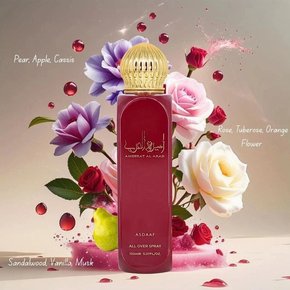 Ameerat Al Arab All Over Spray by Asdaaf in 150ml bottle, showcasing elegant packaging with floral and Arabic-inspired design.