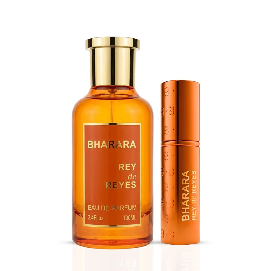 Bharara Rey de Reyes Orange Eau de Parfum spray 100ml bottle with elegant packaging, showcasing a vibrant orange-themed design.