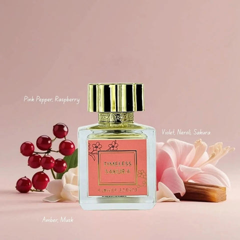 Flower Scents Timeless Sakura and Scarlet Rose Eau de Parfum bundle with two 65ml spray bottles, showcasing elegant floral fragrance packaging.