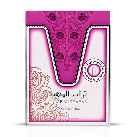 Ard Al Zaafaran Turab Al Dhahab Rose Eau de Parfum spray and perfumed spray bottles, 100ml and 50ml, with gold accents.