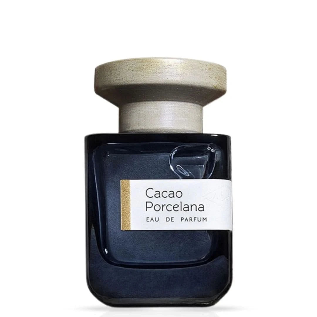 Atelier Materi Cacao Porcelana Eau de Parfum spray bottle, 100ml, with elegant packaging and a sleek glass design.