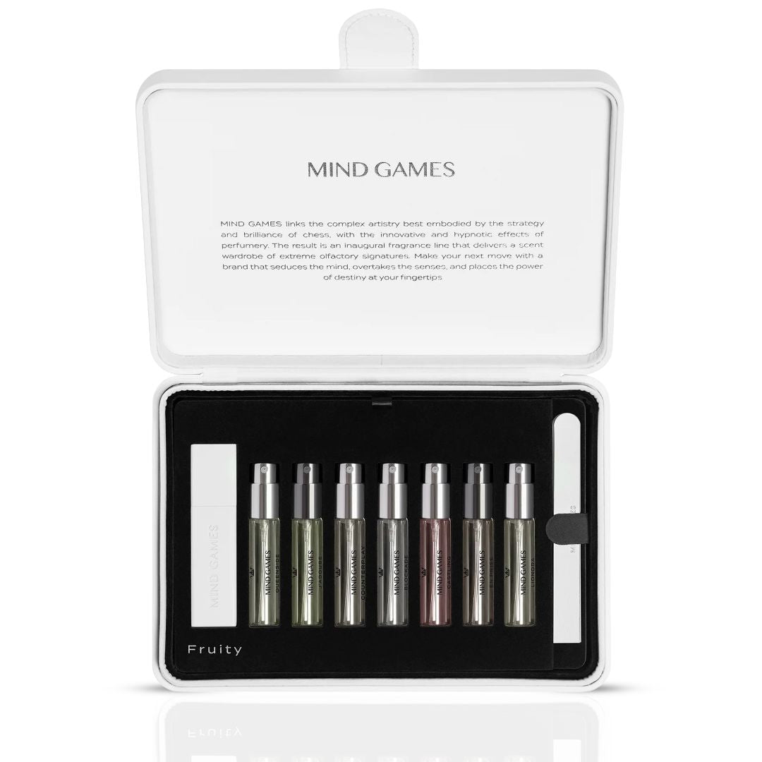 Olfactive Fruity 7-piece discovery set by Mind Games, featuring seven 7.5ml perfume bottles with colorful packaging.
