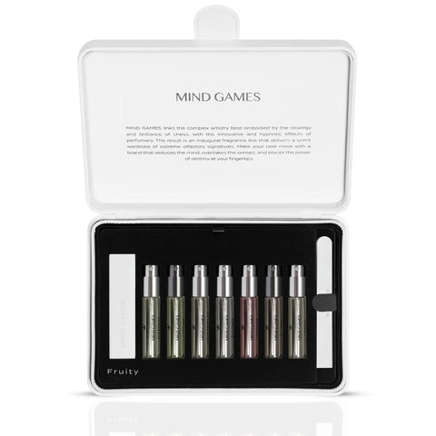 Olfactive Fruity 7-piece discovery set by Mind Games, featuring seven 7.5ml perfume bottles with colorful packaging.