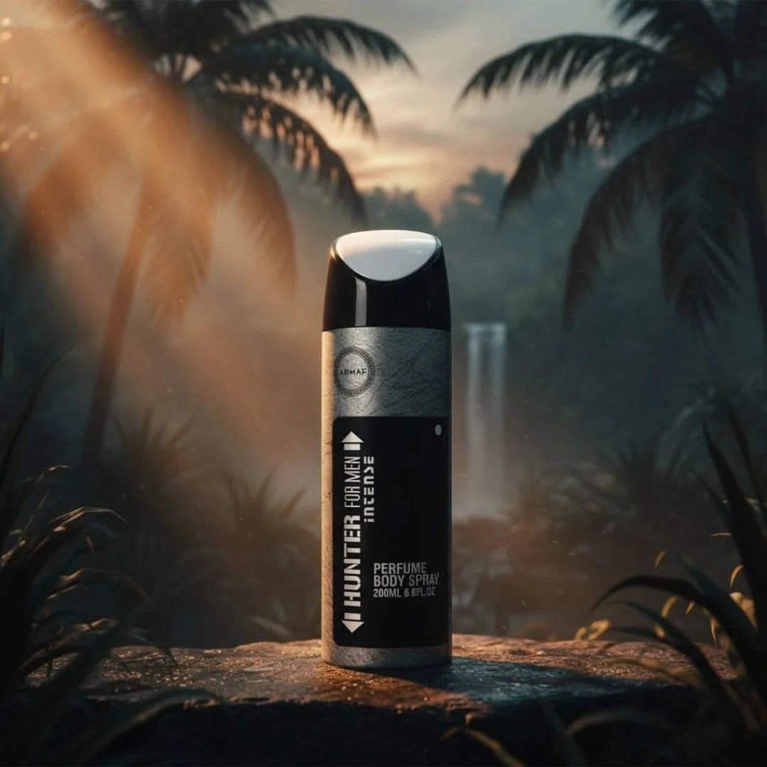 Armaf Hunter Intense deodorant spray in 200ml bottle, featuring sleek packaging and spray nozzle, for men’s freshness.