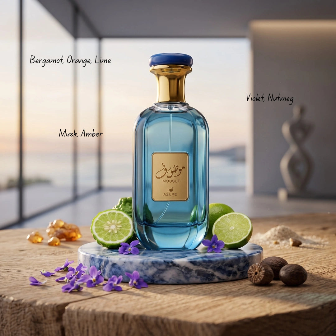 Mousuf & Mousaf Azure Eau de Parfum Spray bundle by Ard Al Zaafaran, featuring two 100ml bottles of elegant fragrance in sleek packaging.