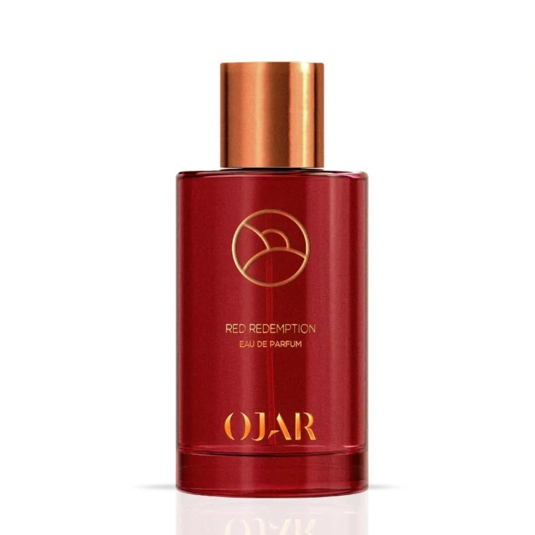 Red Redemption Eau de Parfum spray by Ojar, 100ml, featuring a sleek bottle design and vibrant red accents.