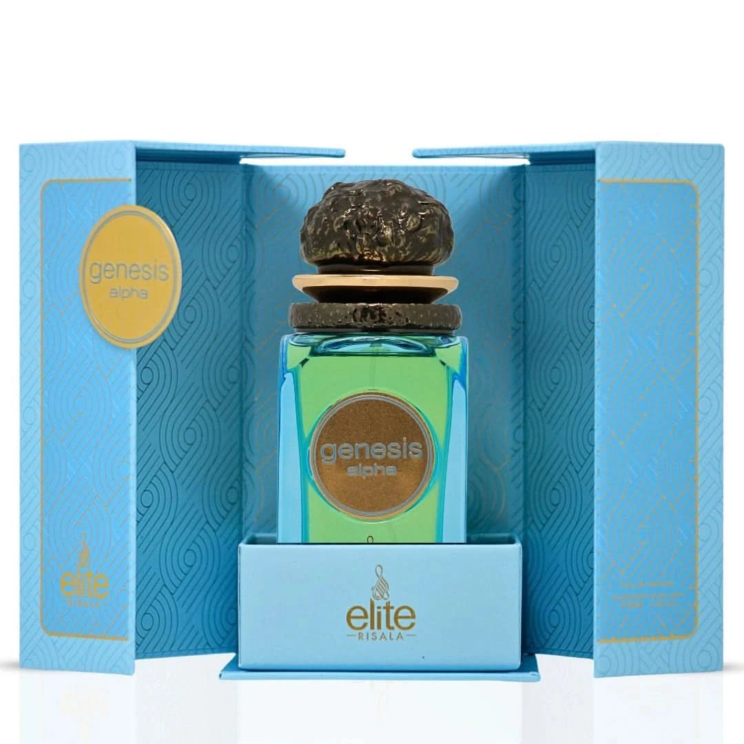 Genesis Alpha Eau de Parfum spray by Elite Risala, 100ml bottle with elegant packaging and branding visible.