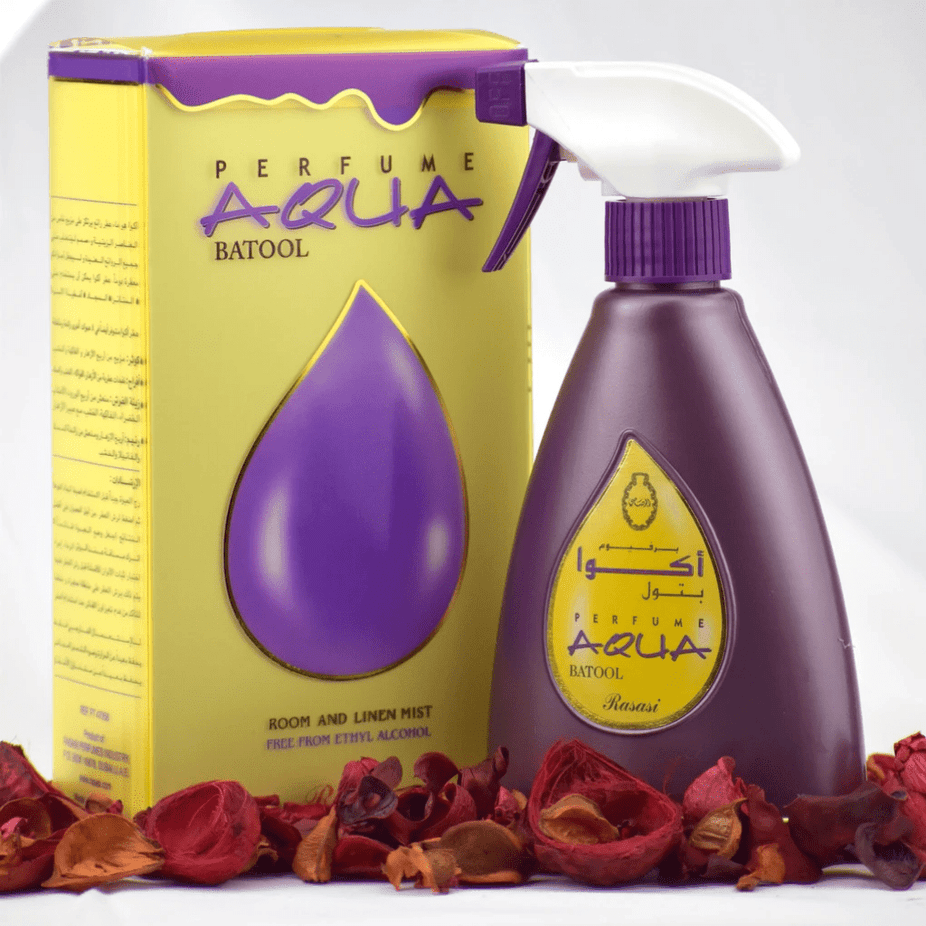 Aqua Batool air freshener bottle by Rasasi, 375ml, with a sleek design and labeling visible in the image.