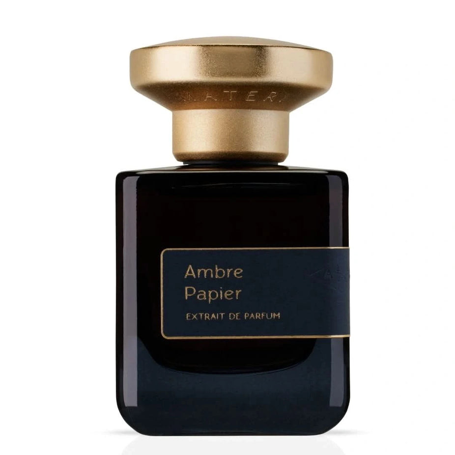 Atelier Materi Ambre Papier Extrait de Parfum Spray 50ml, elegant glass bottle of amber-colored EDP perfume.