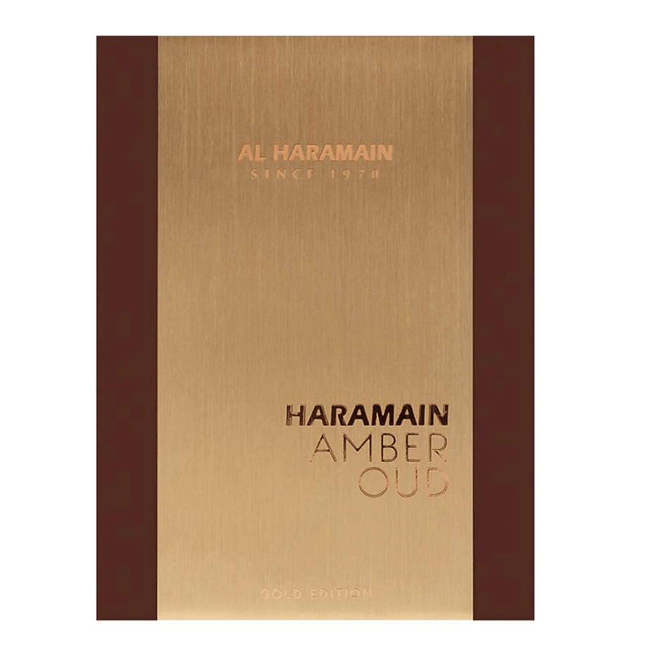 Amber Oud Gold Edition Eau de Parfum spray by Al Haramain, featuring a sleek 60ml bottle with gold accents.