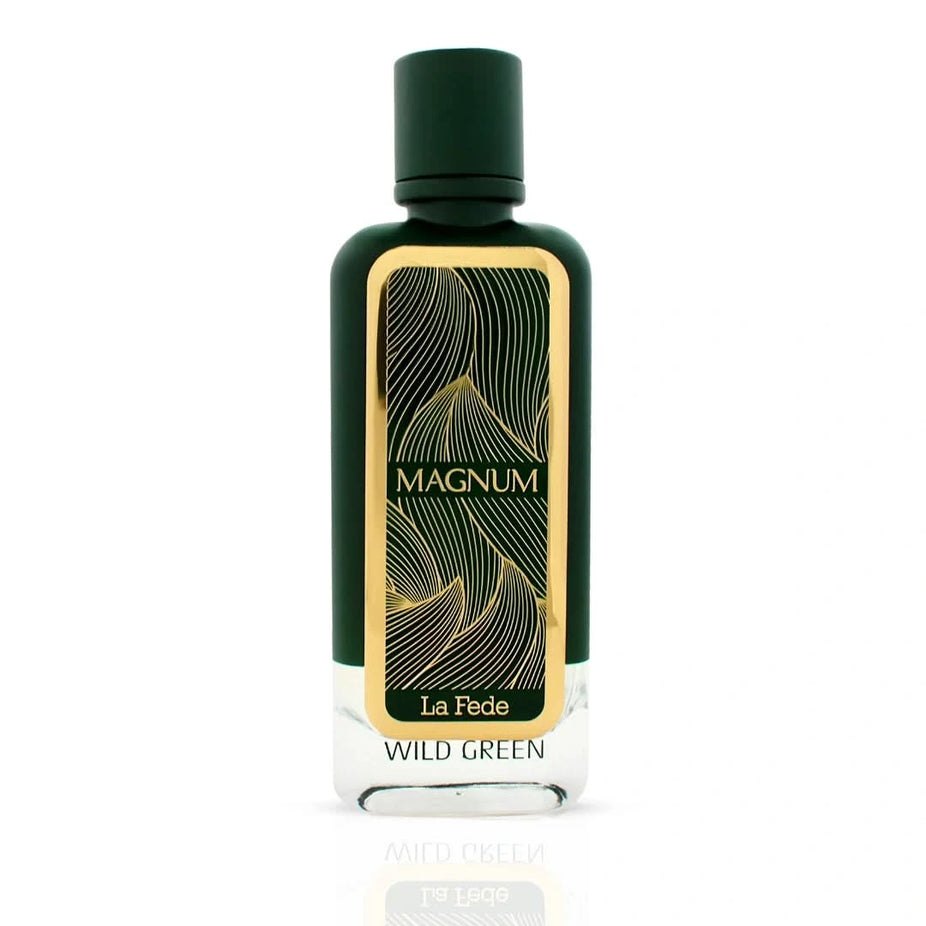Khadlaj La Fede Magnum Wild Green Eau de Parfum spray bottle, 100ml, with a sleek green design and elegant branding.