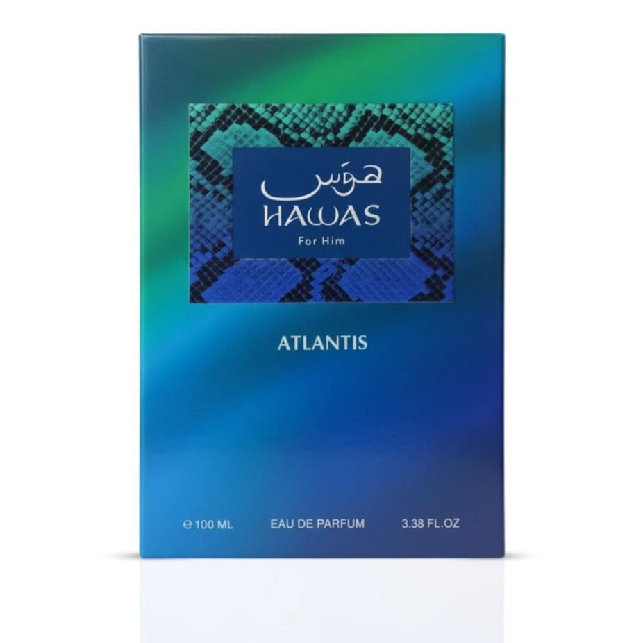 Rasasi Hawas Atlantis Eau de Parfum spray 100ml, featuring sleek bottle design and elegant fragrance details.