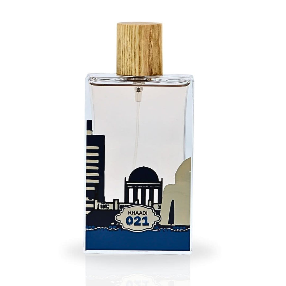 Khaadi 021 Eau de Parfum Spray 100ml with elegant bottle, showcasing the floral and fresh scent of this fragrance.