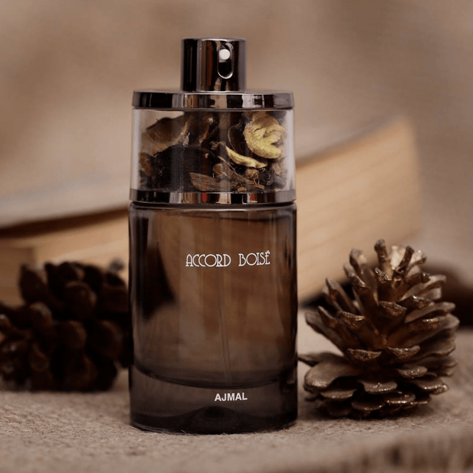 Accord Boise for Men Eau De Parfum by Ajmal, 75ml bottle, with sleek design and elegant fragrance packaging.