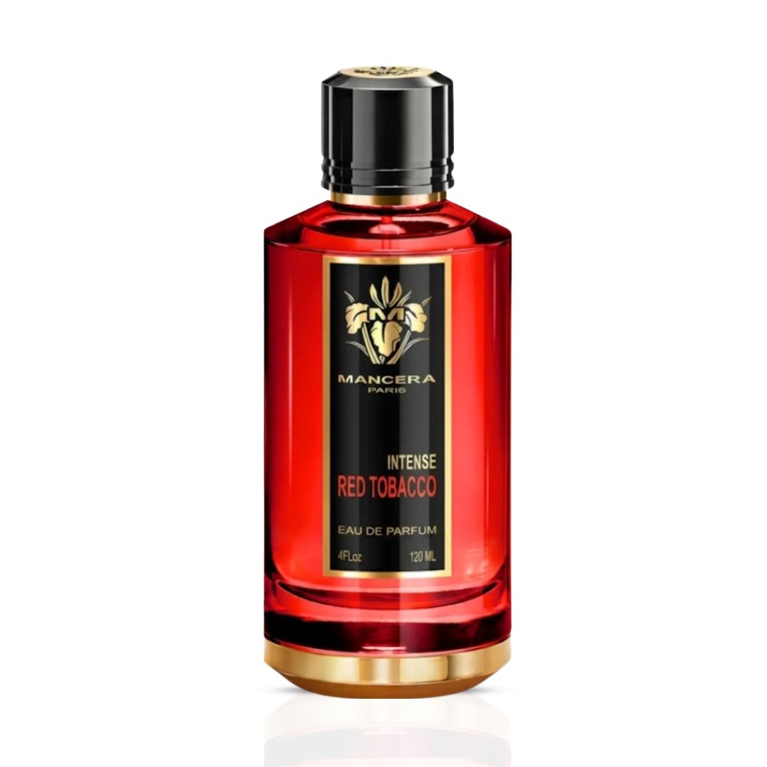 Red Tobacco Eau de Parfum spray by Mancera, 120ml bottle, featuring a sleek design with a deep red fragrance liquid.
