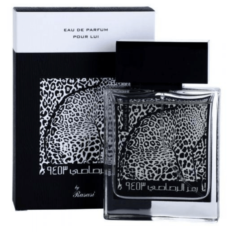 Rasasi Rumz Al Rasasi 9453 Leopard Pour Lui Men EDP bottle, 50ml, with leopard print design and sleek black cap.