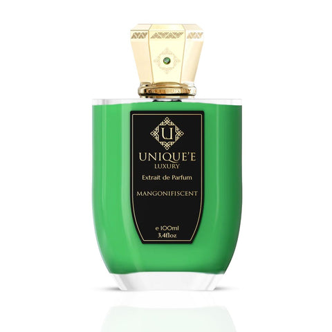 Unique'e Luxury Mangonifiscent Extrait de Parfum 100ml bottle, elegant glass container with a sleek design and cap.