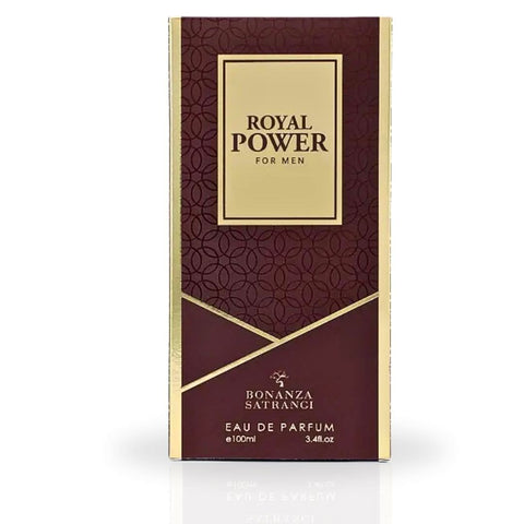 Bonanza Satrangi Royal Power For Men EDP spray bottle, 100ml, featuring amber-vanilla scent and luxurious fragrance design.