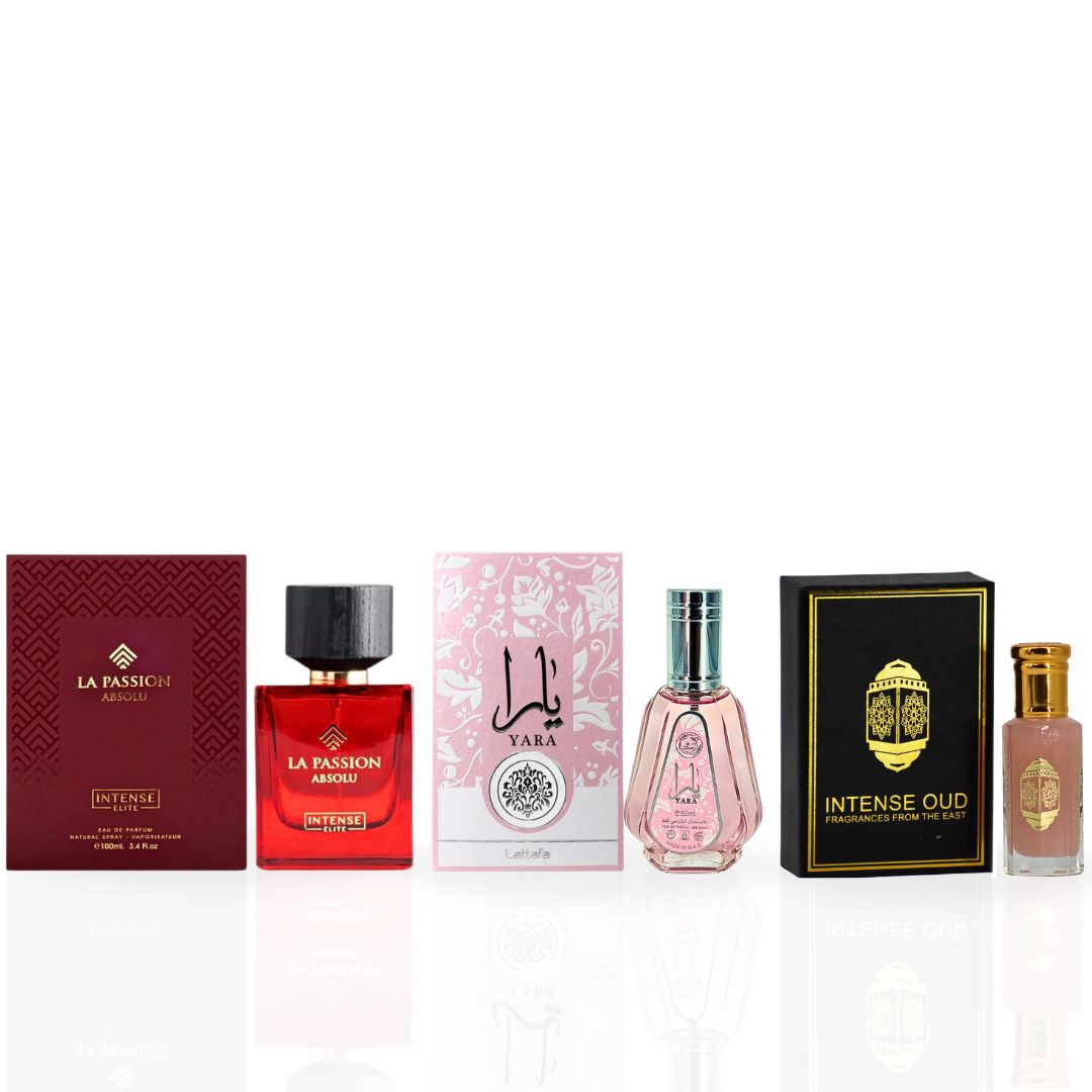 Yara EDP Spray 50ML (1.7 OZ), Pink Musk Perfume Oil 12ML (0.4 OZ), La Passion Absolu For Women EDP Spray 100 ML (3.4 OZ) With Magnetic Gift Box | Feel Irresistible With These Captivating Scents. - Intense Oud