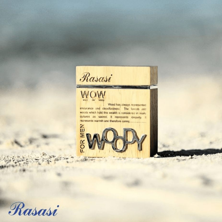 Woody for Men Rasasi Eau de Parfum 60ML bottle with sleek design, showcasing the men's fragrance bottle on a neutral background.
