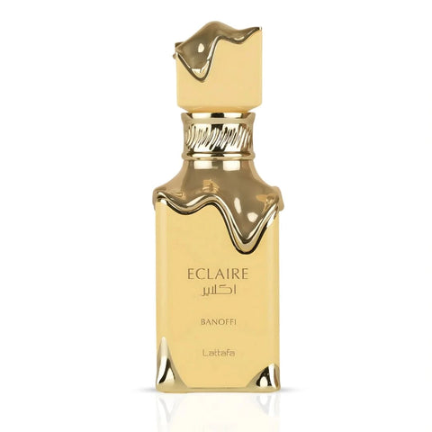 Lattafa Eclaire Banoffi Eau de Parfum spray 100ml with velvet pouch, featuring a sleek glass bottle and elegant fragrance design.