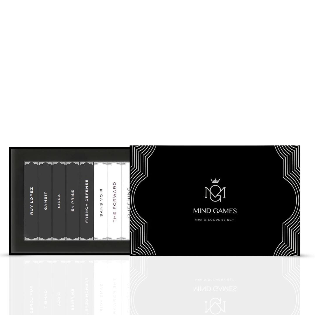 Mind Games Soulmate Collection 10-piece sample discovery set with ten 2ml bottles, variety of scents in small clear containers.