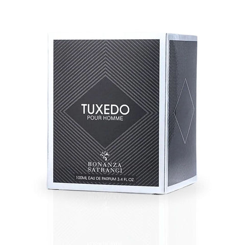 Bonanza Satrangi Tuxedo EDP Spray 100ML with fruity, leathery scent, shown with the perfume bottle and packaging.
