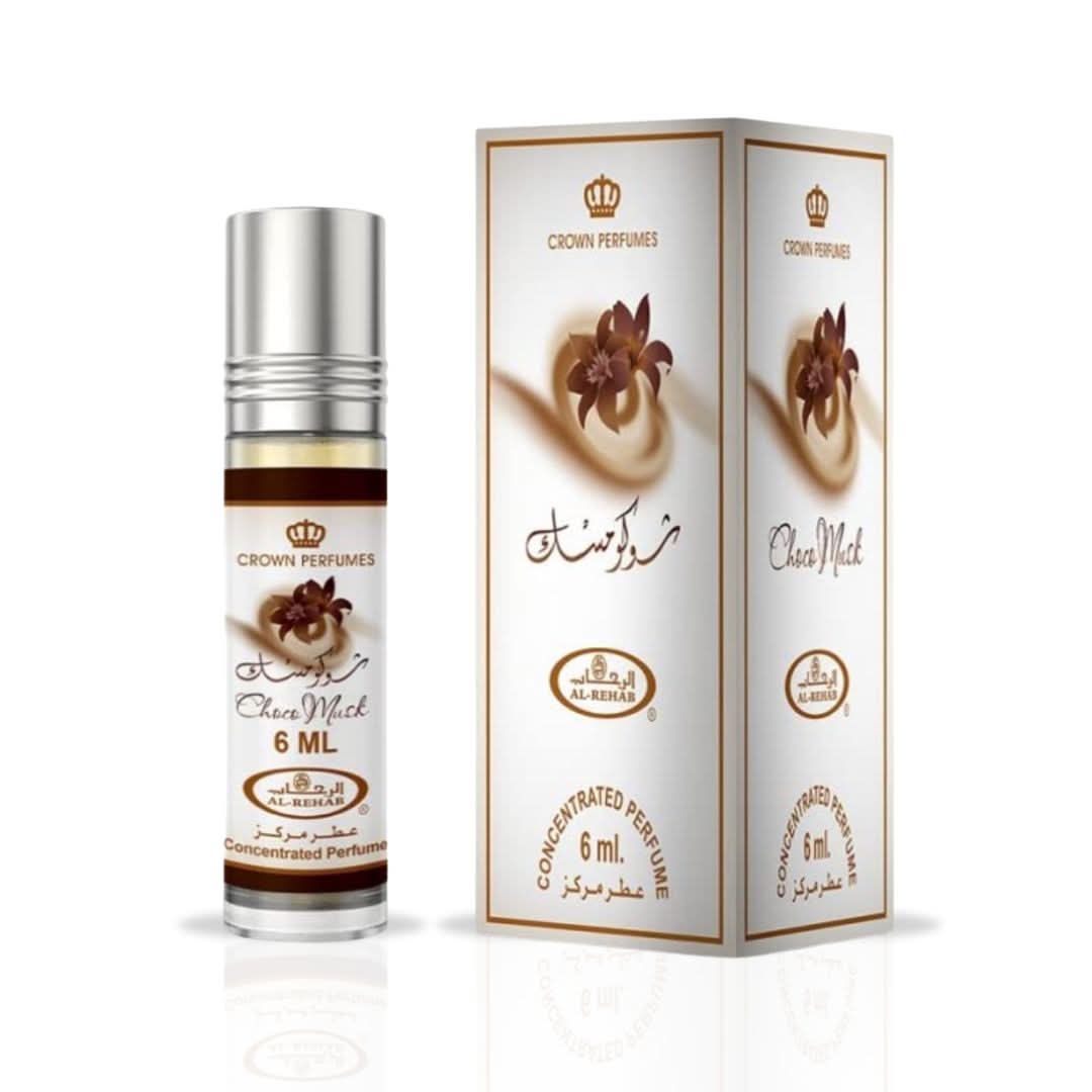 Al Rehab Choco Musk and French Coffee perfume oils bundle, 6ml each, showcasing bottles with elegant packaging and labels.