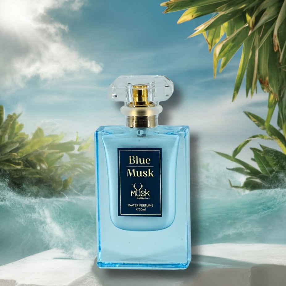 Hamidi Blue Musk and Yellow Musk water perfume spray bundle, 30ml bottles, with blue and yellow packaging visible.
