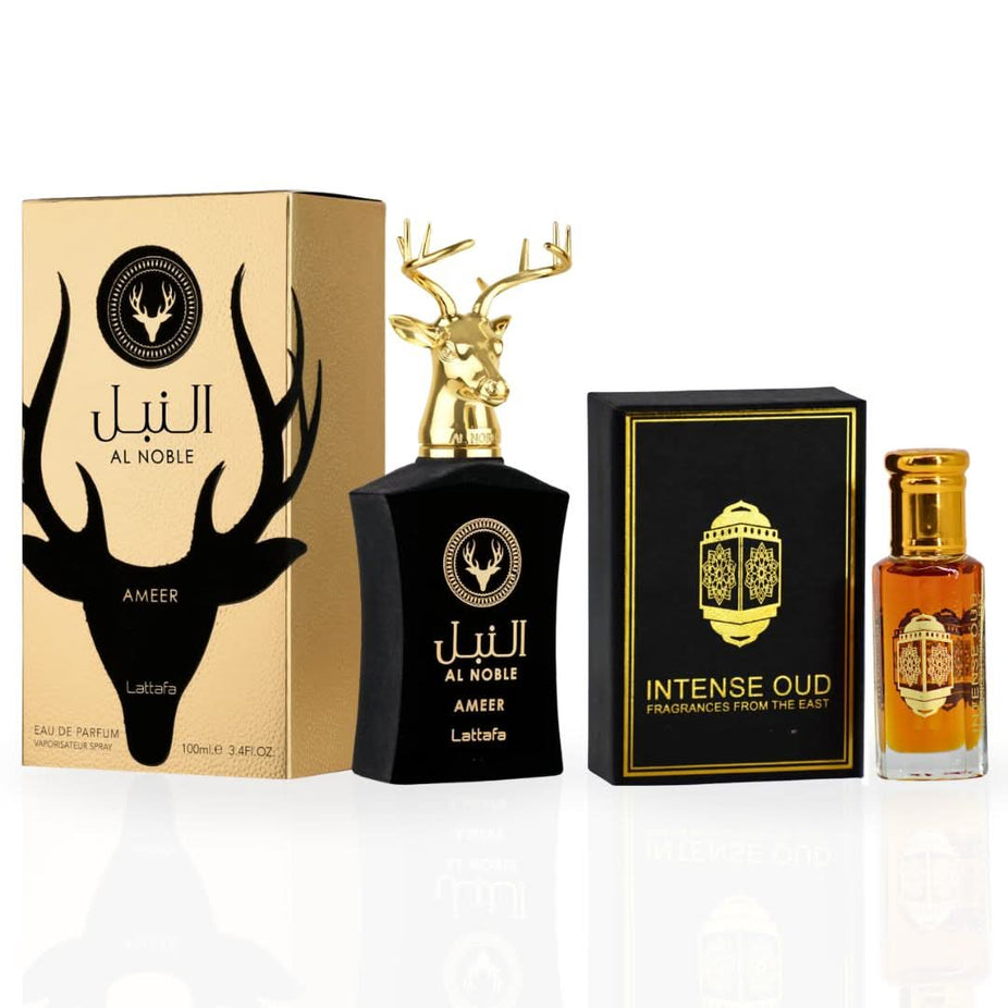 Intense Oud Al Noble Ameer Eau de Parfum 100ml and Nouf Perfume Oil 12ml gift set in a magnetic box, featuring elegant packaging.