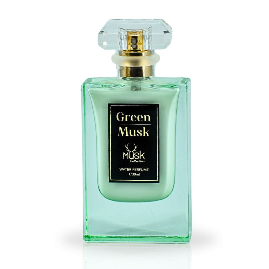 Hamidi Green Musk Water Perfume spray bottle, 30ml, with a sleek design and refreshing green musk scent.