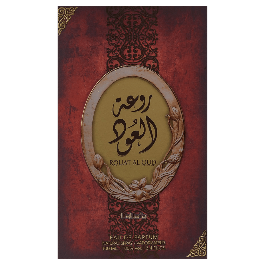 Lattafa Rouat Al Oud Eau de Parfum spray 100ml bottle, elegant design with floral and woody fragrance details visible.