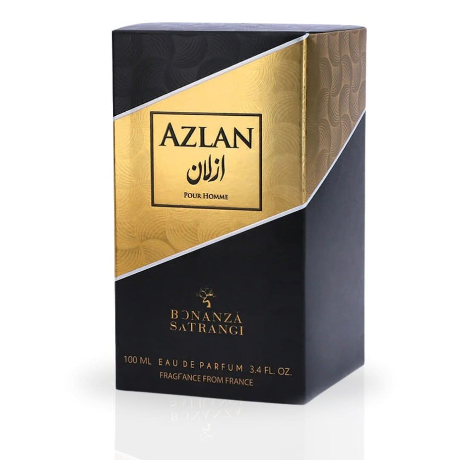 Bonanza Satrangi Azlan Pour Homme Eau De Parfum spray 100ml bottle with sleek packaging and elegant design.