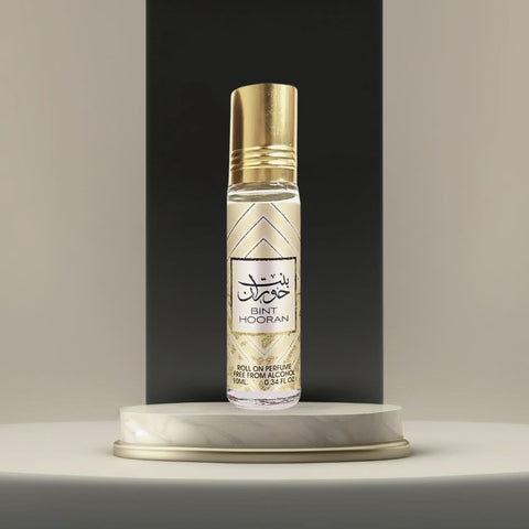 Six Ard Al Zaafaran Bint Hooran roll-on perfume oil bottles, 10ml each, displayed in a value pack, with silver caps and floral labels.