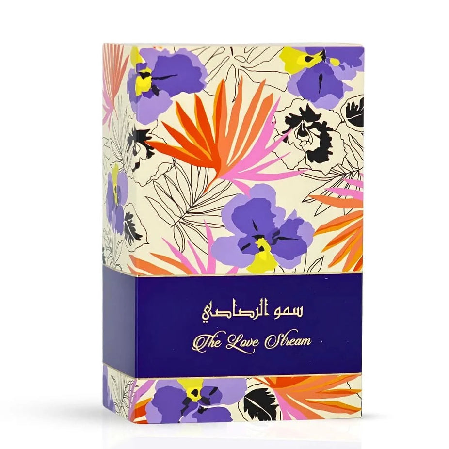 Rasasi Somow Al Rasasi The Love Stream Eau de Parfum bottle, 100ml with elegant design, showcasing the fragrance's luxurious packaging.