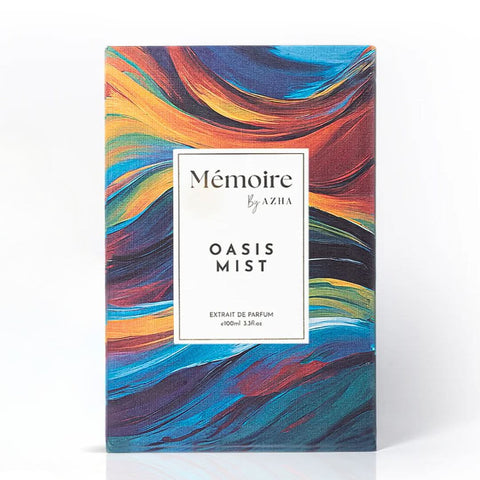 Azha Oasis Mist Extrait de Parfum Spray 100ml bottle from Memoire Collection, elegant glass container with a sleek design.