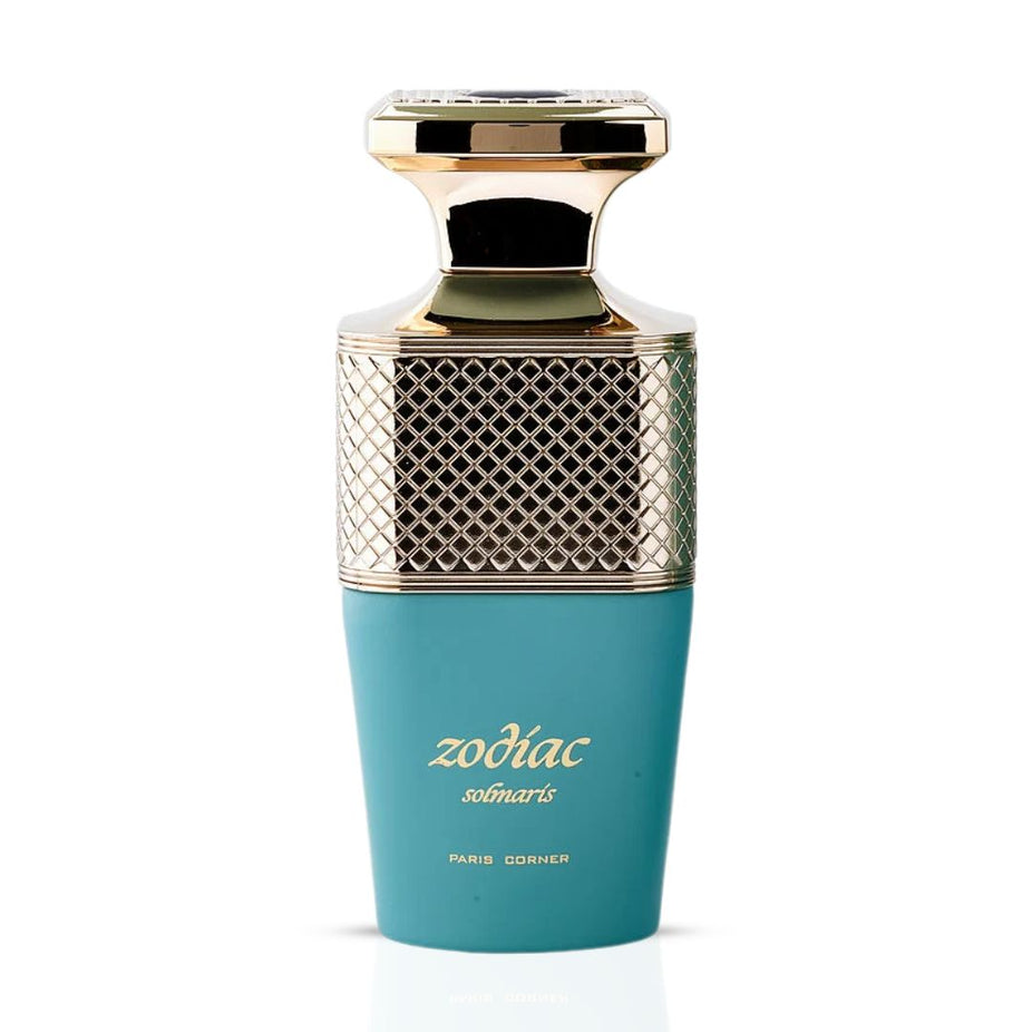 Zodiac Solmaris Eau de Parfum spray by Paris Corner, 100ml, featuring a sleek bottle with a golden cap and elegant design.