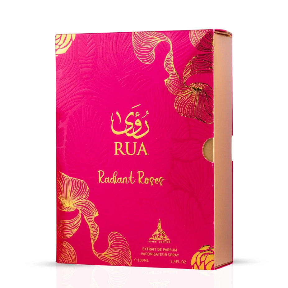 Rue Radiant Roses Eau de Parfum spray by Paris Corner, 100ml bottle featuring elegant floral design and rose-themed accents.