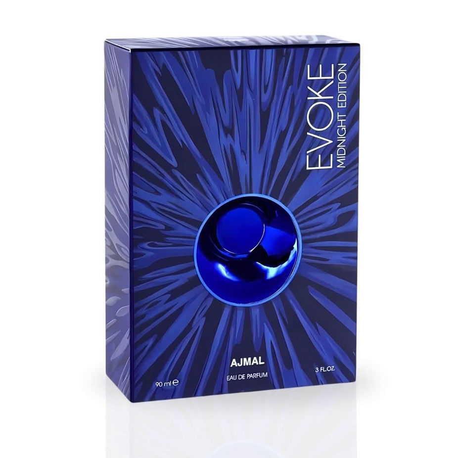 Evoke Midnight Eau de Parfum spray by Ajmal, 90ml bottle with elegant packaging and dark, stylish design.