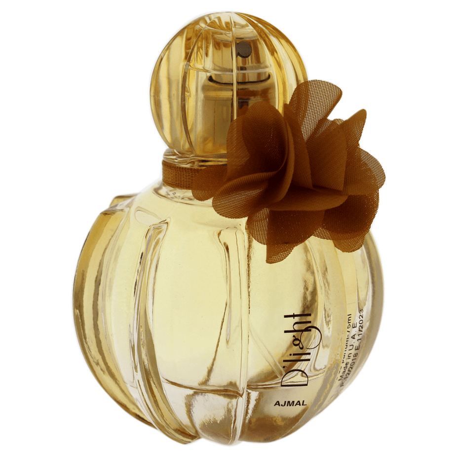 Ajmal D'Light for Women Eau De Parfum 75ml bottle, elegant fragrance with floral and citrus notes, stylish packaging.