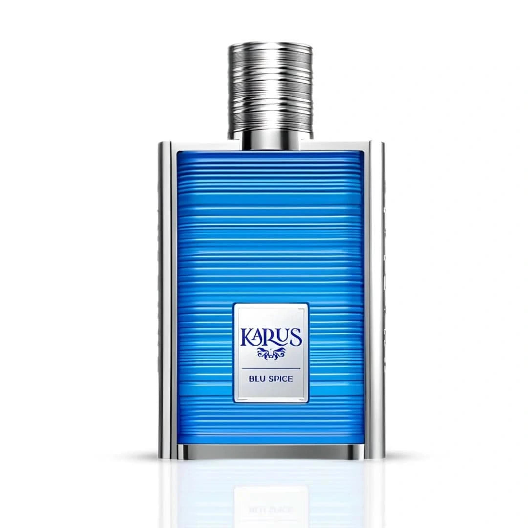 Karus Blu Spice Eau de Parfum spray by Khadlaj, 100ml bottle with a sleek design, showcasing the fragrance packaging.