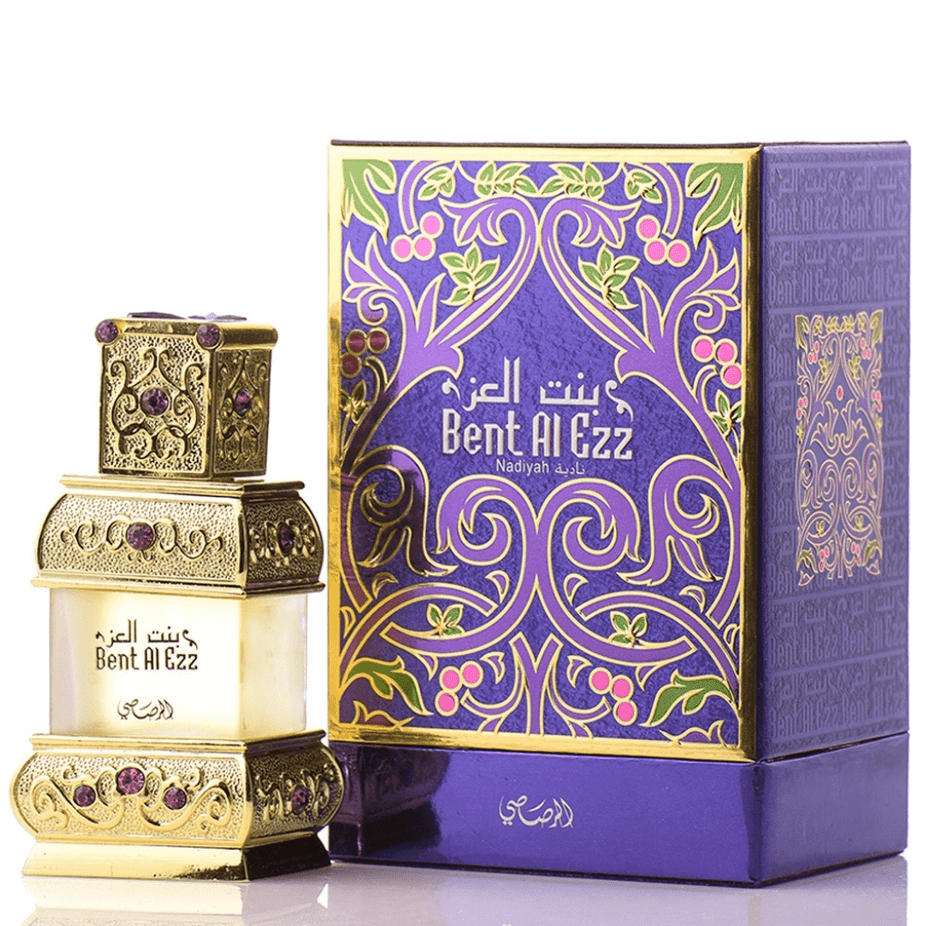 Rasasi Bent Al Ezz Nadiyah concentrated perfume oil in 18ml bottle, featuring a dark glass container with gold accents.
