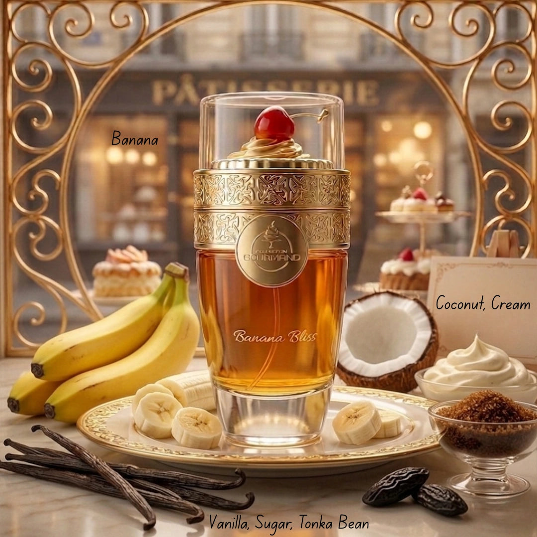Intense Oud perfume bundle with Banana Bliss and Choco Musk Eau de Parfum sprays in 100ml bottles, featuring vibrant bottle designs.